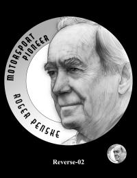 Candidate designs Reverse-02 and Reverse-03 feature portraits of Roger Penske and the inscriptions “MOTORSPORT PIONEER” and “ROGER PENSKE.”