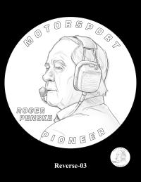 Candidate designs Reverse-02 and Reverse-03 feature portraits of Roger Penske and the inscriptions “MOTORSPORT PIONEER” and “ROGER PENSKE.”