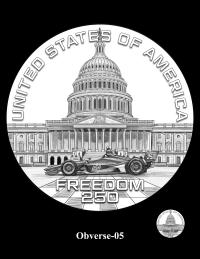 Candidate designs Obverse-04 and Obverse-05 feature Indy-style race cars inscribed with “USA” and “250,” together with depictions of the United States Capitol.  Additional inscriptions are “FREEDOM 250” and “UNITED STATES OF AMERICA.”