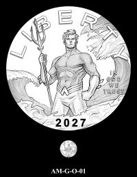 Obverse coin candidate AM-G-O-01. Aquaman holding a trident standing in the ocean as waves arc around and above him. Inscriptions: LIBERTY; IN GOD WE TRUST; 2027. A small coin preview appears below the enlarged design.