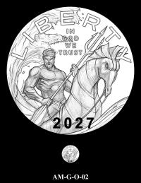 Obverse coin candidate AM-G-O-02. Aquaman holding a trident and riding a seahorse with an ocean wave in the background. Inscriptions: LIBERTY; IN GOD WE TRUST; 2027. A small coin preview appears below the enlarged design.