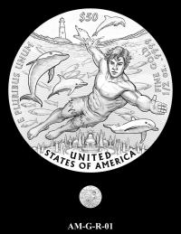 Reverse coin candidate AM-G-R-01. A young Arthur Curry swimming in the ocean with various sea creatures; a lighthouse appears in the distance above and the kingdom of Atlantis appears below. Inscriptions: UNITED STATES OF AMERICA; $50; 1/2 OZ. .9999 FINE GOLD; E PLURIBUS UNUM. A small coin preview appears below the enlarged design.