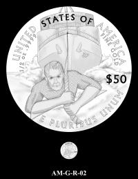 Reverse coin candidate AM-G-R-02. Aquaman tugging a navy ship with a rope through the ocean. Inscriptions: UNITED STATES OF AMERICA; $50; 1/2 OZ. .9999 FINE GOLD; E PLURIBUS UNUM. A small coin preview appears below the enlarged design.