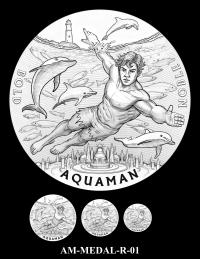Reverse medal candidate AM-MEDAL-R-01. A young Arthur Curry swimming in the ocean with various sea creatures; a lighthouse appears in the distance above and the kingdom of Atlantis appears below. Inscriptions: AQUAMAN; BOLD; NOBLE. Three small medal-size previews appear below the enlarged design.