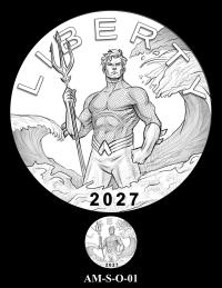 Obverse medal candidate AM-S-O-01. Aquaman holding a trident standing in the ocean as waves arc around and above him. Inscriptions: LIBERTY; IN GOD WE TRUST. A small medal-size preview appears below the enlarged design.