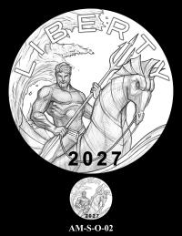 Obverse medal candidate AM-S-O-02. Aquaman holding a trident and riding a seahorse with an ocean wave in the background. Inscriptions: LIBERTY; IN GOD WE TRUST. A small medal-size preview appears below the enlarged design.
