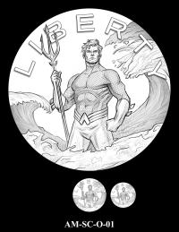 Obverse medal candidate AM-SC-O-01. Aquaman holding a trident standing in the ocean as waves arc around and above him. Inscription: LIBERTY. Two small medal-size previews appear below the enlarged design.