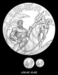 Obverse medal candidate AM-SC-O-02. Aquaman holding a trident and riding a seahorse with an ocean wave in the background. Inscription: LIBERTY. Two small medal-size previews appear below the enlarged design.