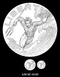 Obverse medal candidate AM-SC-O-03. Aquaman holding a trident leaping out of the massive wave. Inscription: LIBERTY. Two small medal-size previews appear below the enlarged design.