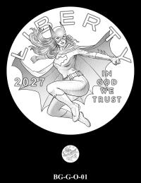 Obverse coin candidate BG-G-O-01. Batgirl mid jump with her cape outstretched behind her. Inscriptions: LIBERTY; IN GOD WE TRUST; 2027. A small coin preview appears below the enlarged design.