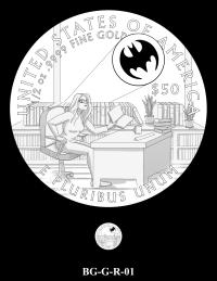 Reverse coin candidate BG-G-R-01. Barbara Gordon reading at a desk in an office surrounded by books on a shelf; the Batsignal appears in the background. Inscriptions: UNITED STATES OF AMERICA; $50; 1/2 OZ. .9999 FINE GOLD; E PLURIBUS UNUM. A small coin preview appears below the enlarged design.