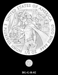 Reverse coin candidate BG-G-R-02. Batgirl holding a book in one hand, a library in the background as bats fly in and out of an open window; model of the Liberty Bell is seen on a bookshelf. Inscriptions: UNITED STATES OF AMERICA; $50; 1/2 OZ. .9999 FINE GOLD; E PLURIBUS UNUM. A small coin preview appears below the enlarged design.