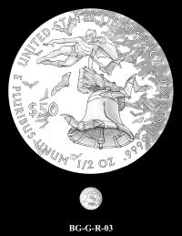 Reverse coin candidate BG-G-R-03. Batgirl leaping over the Liberty Bell with bats flying around her.  Inscriptions: UNITED STATES OF AMERICA; $50; 1/2 OZ. .9999 FINE GOLD; E PLURIBUS UNUM. A small coin preview appears below the enlarged design.