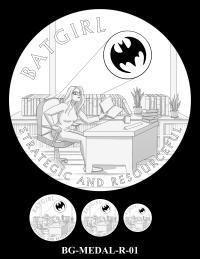 Reverse medal candidate BG-MEDAL-R-01.  Barbara Gordon reading at a desk in an office surrounded by books on a shelf; the Batsignal appears in the background. Inscriptions: BATGIRL; STRATEGIC AND RESOURCEFUL. Three small medal-size previews appear below the enlarged design.