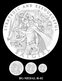 Reverse medal candidate BG-MEDAL-R-02. Batgirl holding a book in one hand, a library in the background as bats fly in and out of an open window; model of the Liberty Bell is seen on a bookshelf. Inscriptions: BATGIRL; STRATEGIC AND RESOURCEFUL. Three small medal-size previews appear below the enlarged design.
