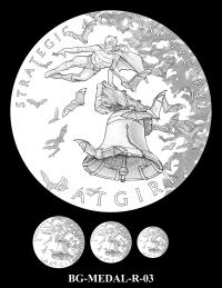 Reverse medal candidate BG-MEDAL-R-03. Batgirl leaping over the Liberty Bell with bats flying around her. Inscriptions: BATGIRL; STRATEGIC AND RESOURCEFUL. Three small medal-size previews appear below the enlarged design.