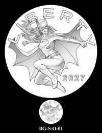 Obverse medal candidate BG-S-O-01. Batgirl mid jump with her cape outstretched behind her. Inscriptions: LIBERTY; 2027. A small medal-size preview appears below the enlarged design.