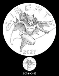 Obverse medal candidate BG-S-O-03. Batgirl mid-swing on a rope. Inscriptions: LIBERTY; 2027. A small medal-size preview appears below the enlarged design.