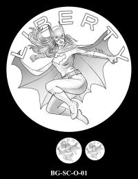 Obverse medal candidate BG-SC-O-01. Batgirl mid jump with her cape outstretched behind her. Inscription: LIBERTY. Two small medal-size previews appear below the enlarged design.