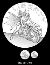 Obverse medal candidate BG-SC-O-02. Batgirl riding a motorcycle. Inscription: LIBERTY. Two small medal-size previews appear below the enlarged design.