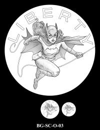 Obverse medal candidate BG-SC-O-03. Batgirl mid-swing on a rope. Inscription: LIBERTY. Two small medal-size previews appear below the enlarged design.