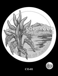 Reverse coin candidate CO-01. Mosco Pueblo Chile plant in the foreground, with a view of the Rocky Mountains in the background. Inscriptions: COLORADO; UNITED STATES OF AMERICA; PUEBLO CHILE. A small coin preview appears below the enlarged design.