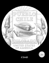 Reverse coin candidate CO-03. A package of Mosco Pueblo Chile seeds, with two illustrations of the pepper. Two pepper plants flank the package, their fruit reaching for the sun. Inscriptions: COLORADO; UNITED STATES OF AMERICA; PUEBLO CHILE. A small coin preview appears below the enlarged design.
