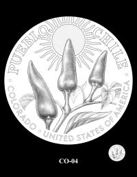 Reverse coin candidate CO-04. A branch of the Mosco Pueblo Chile plant. Its peppers reaching skyward while framed by the sun. Inscriptions: COLORADO; UNITED STATES OF AMERICA; PUEBLO CHILE. A small coin preview appears below the enlarged design.