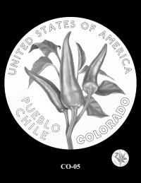 Reverse coin candidate CO-05. A detailed render of the Mosco Pueblo Chile plant. Inscriptions: COLORADO; UNITED STATES OF AMERICA; PUEBLO CHILE. A small coin preview appears below the enlarged design.