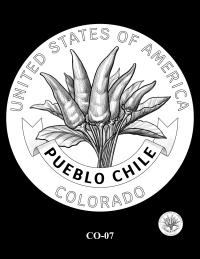 Reverse coin candidate CO-07. A bundle of Mosco Pueblo Chiles with a decorative banner. Inscriptions: COLORADO; UNITED STATES OF AMERICA; PUEBLO CHILE. A small coin preview appears below the enlarged design.