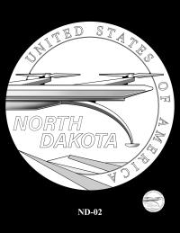 Reverse coin candidate ND-02. A streamlined quadcopter drone shown flying above a stylized depiction of the North Dakotan landscape. Inscriptions: NORTH DAKOTA; UNITED STATES OF AMERICA. A small coin preview appears below the enlarged design.