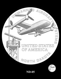 Reverse coin candidate ND-05. A quadcopter drone viewed from below. A navigation radar tower rises in the background. Inscriptions: NORTH DAKOTA; UNITED STATES OF AMERICA; UNMANNED AIRCRAFT SYSTEMS. A small coin preview appears below the enlarged design.