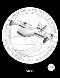Reverse coin candidate ND-06. A hybrid fixed-wing drone flying above a graphic rendering of rural North Dakota. Inscriptions: COLORADO; UNITED STATES OF AMERICA; UNMANNED AIRCRAFT SYSTEMS. A small coin preview appears below the enlarged design.