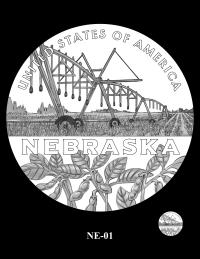 Reverse coin candidate NE-01. Center pivot irrigation system at work in a field of young corn, with soybeans growing below. Inscriptions: NEBRASKA; UNITED STATES OF AMERICA. A small coin preview appears below the enlarged design.