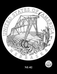Reverse coin candidate NE-02. Center pivot irrigation system sweeps across the landscape as it waters rows of soybean plants. Soybeans and corn frame the scene. Inscriptions: NEBRASKA; UNITED STATES OF AMERICA. A small coin preview appears below the enlarged design.