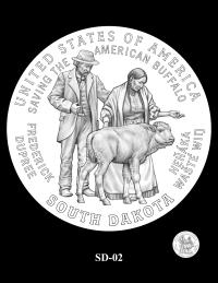 Reverse coin candidate SD-02. Mary Good Elk Woman and Frederick Dupree standing with a buffalo calf. Inscriptions: SOUTH DAKOTA; UNITED STATES OF AMERICA; FREDERICK DUPREE; HEȟÁKA WAŠTÉ WIŊ; SAVING THE AMERICAN BUFFALO. A small coin preview appears below the enlarged design.