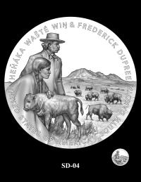 Reverse coin candidate SD-04. Mary Good Elk Woman comforting a buffalo calf as she and Frederick Dupree look toward the horizon. A field of buffalo graze behind them. Bear Butte rises in the background. Inscriptions: SOUTH DAKOTA; UNITED STATES OF AMERICA; FREDERICK DUPREE; HEȟÁKA WAŠTÉ WIŊ. A small coin preview appears below the enlarged design.