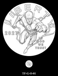 Obverse coin candidate TF-G-O-01. The Flash runs forward surrounded by lightning. Inscriptions: LIBERTY; IN GOD WE TRUST; 2027. A small coin preview appears below the enlarged design.