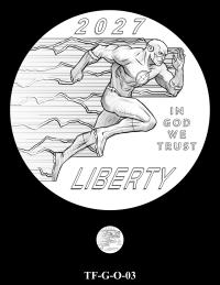 Obverse coin candidate TF-G-O-03. Side profile of The Flash running with a trail of lightning behind him. Inscriptions: LIBERTY; IN GOD WE TRUST; 2027. A small coin preview appears below the enlarged design.