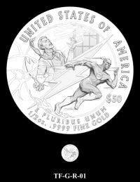 Reverse coin candidate TF-G-R-01. Split design with one half showing Barry Allen in a lab as lightning strikes him through a window; other half shows The Flash running; a lightning bolt is in between the scenes. Inscriptions: UNITED STATES OF AMERICA; $50; 1/2 OZ. .9999 FINE GOLD; E PLURIBUS UNUM. A small coin preview appears below the enlarged design.
