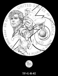 Reverse coin candidate TF-G-R-02. The Flash seen as a scientist, a young boy, and an hourglass with a lightning bolt and swirl in the background. Inscriptions: UNITED STATES OF AMERICA; $50; 1/2 OZ. .9999 FINE GOLD; E PLURIBUS UNUM. A small coin preview appears below the enlarged design.
