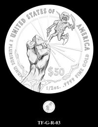 Reverse coin candidate TF-G-R-03. Barry Allen's hand with a ring deploying his costume; lightning surrounds Barry's fist. Inscriptions: UNITED STATES OF AMERICA; $50; 1/2 OZ. .9999 FINE GOLD; E PLURIBUS UNUM. A small coin preview appears below the enlarged design.