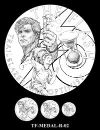 Reverse medal candidate TF-MEDAL-R-02. The Flash seen as a scientist, a young boy, and an hourglass with a lightning bolt and swirl in the background. Inscriptions: THE FLASH; TRAILBLAZER AND OPTIMIST. Three small medal-size previews appear below the enlarged design.