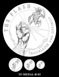 Reverse medal candidate TF-MEDAL-R-03. Barry Allen's hand with a ring deploying his costume; lightning surrounds Barry's fist. Inscriptions: THE FLASH; TRAILBLAZER AND OPTIMIST. Three small medal-size previews appear below the enlarged design.