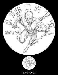 Obverse medal candidate TF-S-O-01. The Flash runs forward surrounded by lightning. Inscriptions: LIBERTY; 2027. A small medal-size preview appears below the enlarged design.