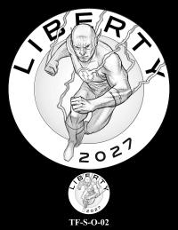Obverse medal candidate TF-S-O-02. The Flash in running motion surrounded by lightning. Inscriptions: LIBERTY; 2027. A small medal preview appears below the enlarged design.