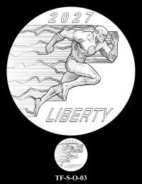 Obverse medal candidate TF-S-O-03. Side profile of The Flash running with a trail of lightning behind him. Inscriptions: LIBERTY; 2027. A small medal-size preview appears below the enlarged design.