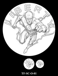 Obverse medal candidate TF-SC-O-01. The Flash runs forward surrounded by lightning. Inscription: LIBERTY. Two small medal-size previews appear below the enlarged design.