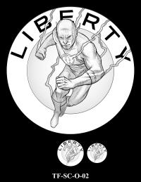 Obverse medal candidate TF-SC-O-02. The Flash in running motion surrounded by lightning. Inscription: LIBERTY. Two small medal-size previews appear below the enlarged design.