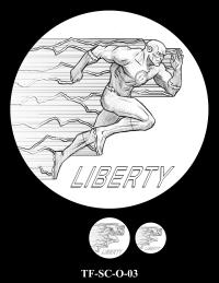 Obverse medal candidate TF-SC-O-03. Side profile of The Flash running with a trail of lightning behind him. Inscription: LIBERTY. Two small medal-size previews appear below the enlarged design.